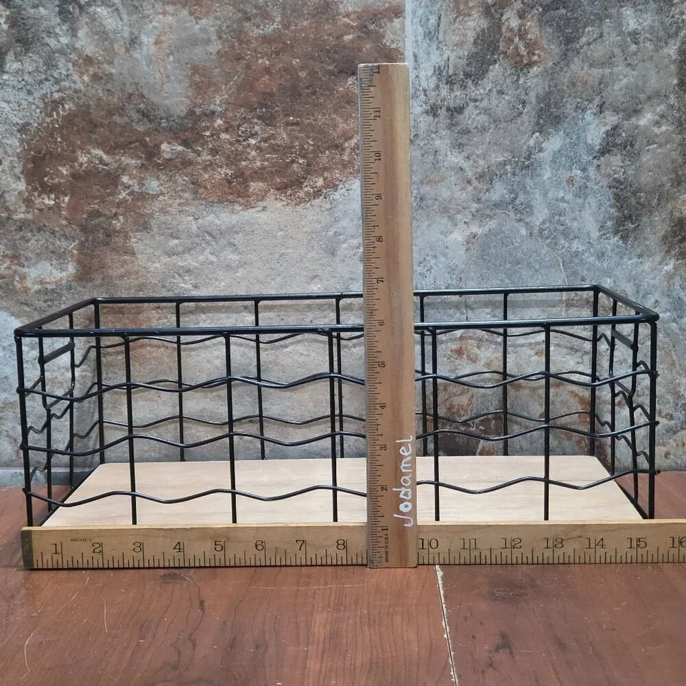Decorative Black Wire Basket with Natural Wood Board Base